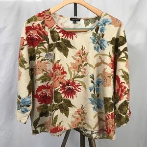 Linen blend dolman 3/4 sleeve top, bold botanical